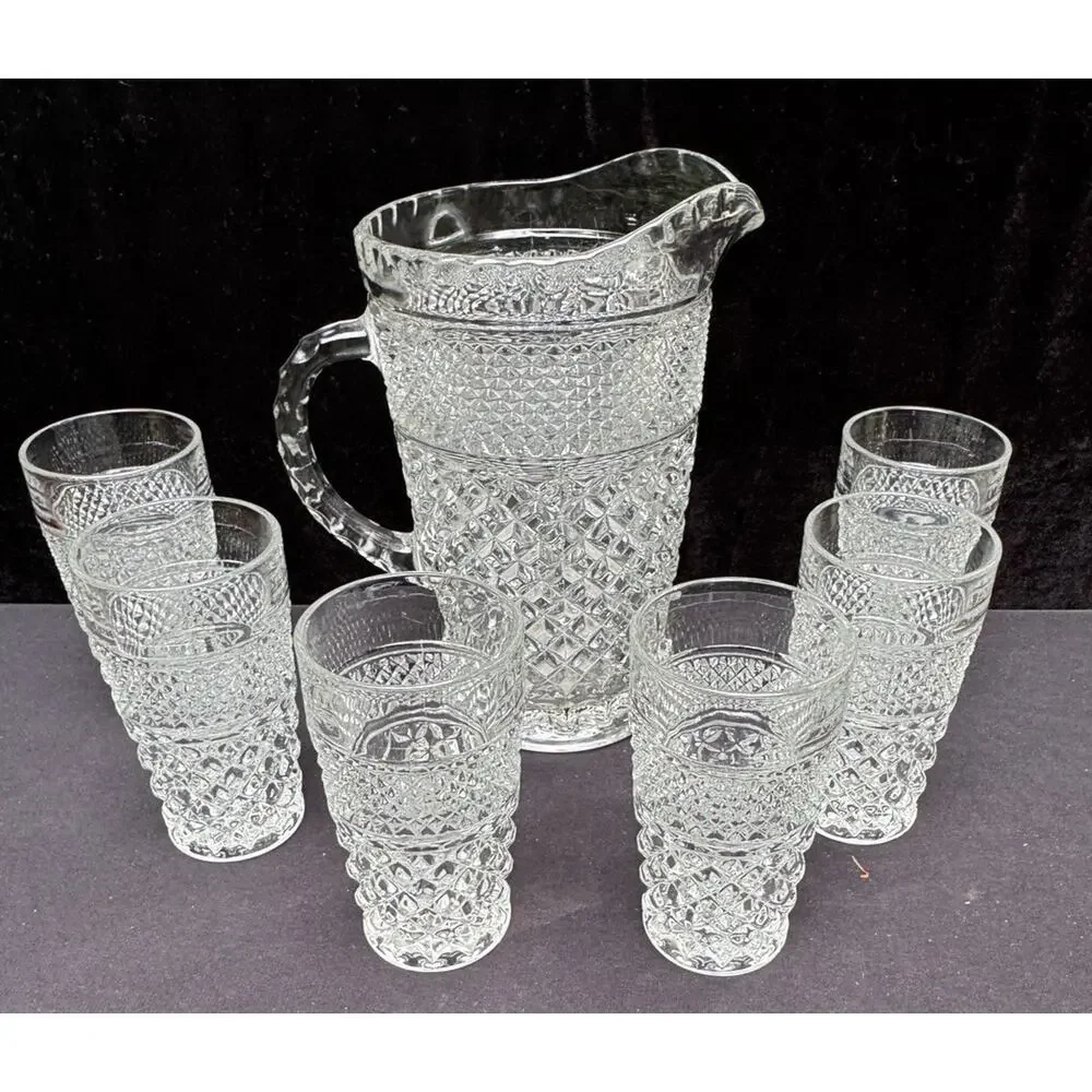 Anchor Hocking Wexford Diamond Cut Glass Vintage Pitcher & 6 Glasses EUC -8/28